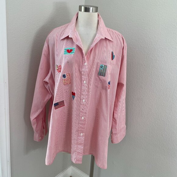 MiLi Designs Womens Plus 1X Button Up Shirt Heart Patches Red Striped Blouse Top - Picture 1 of 11